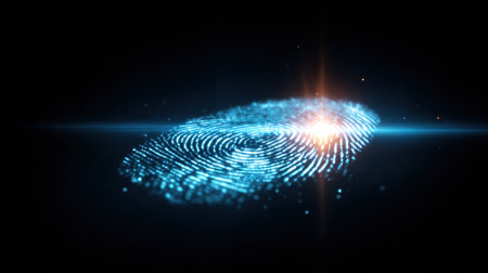 Glowing digital fingerprints stand out against a dark background, representing modern security and identity verification technologies.の素材