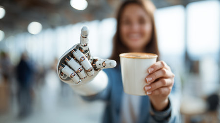 A friendly AI robot hand extends a coffee cup to a smiling woman in a bright, modern cafの素材