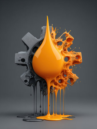 Bright orange oil drop merges with a metallic gear, creating a striking visual that conveys lubrication and mechanical fluidity.の素材