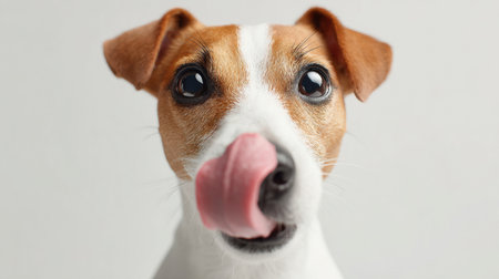 A playful dog is caught in a humorous moment while licking its nose, showing its fun personality in a bright and cheerful setting.の素材