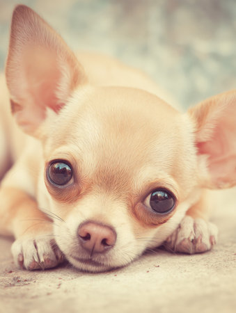 A Chihuahua puppy relaxes with curious eyes, showing its playful personality in a soft pastel background, capturing a moment of innocence.の素材