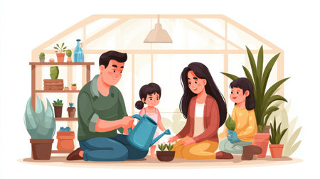 Family members happily work together in their garden, nurturing plants and enjoying time outdoors while promoting sustainability.の素材