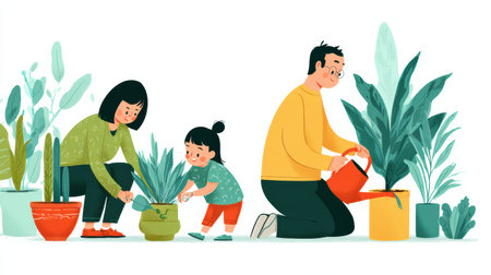 A family bonds over gardening, nurturing plants, and learning about sustainable practices in their backyard.の素材