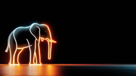 A mesmerizing elephant glows with vibrant neon colors, perfectly contrasting the dark backdrop in a surreal scene.の素材