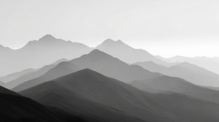 Soft mist blankets mountain ranges, creating a serene atmosphere perfect for seeking mental peace and reflection at dawn.の素材