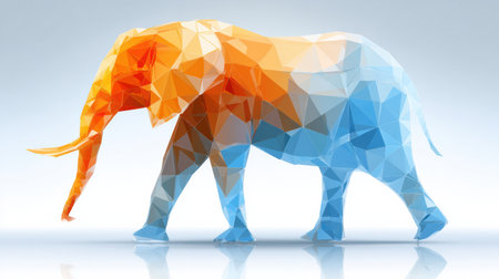 This geometric elephant, created from colorful polygons, showcases modern art design with a blend of orange and blue tones.の素材