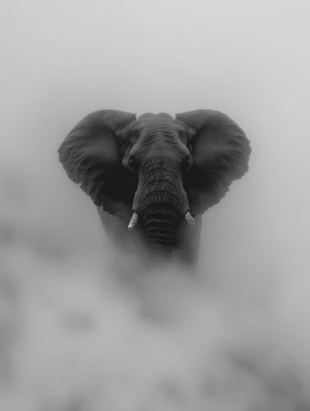 A serene elephant head appears through a thick mist, capturing the essence of wildlife in a captivating moment.の素材