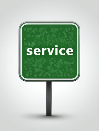 Simple green sign featuring a service symbol on a pole, representing amenities or assistance available along the roadway.の素材