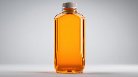 Clear bottle of engine oil set on light gray surface showing its amber color and clean design for product marketing needs.の素材