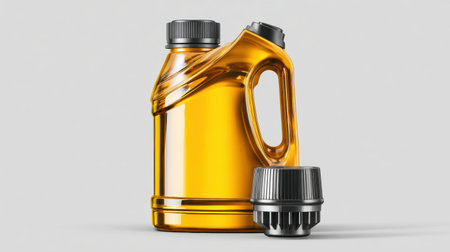Bright yellow engine oil bottle stands isolated on a light gray surface, showing its clean and modern design for promotional use.の素材