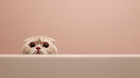 A Scottish fold cat with a round face is curiously peeking over a white surface, set against a clean pastel backdrop.の素材