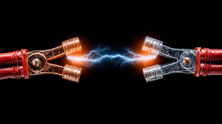 Electric spark connects red and silver car battery terminals, creating a striking display of energy in a dark environment.の素材