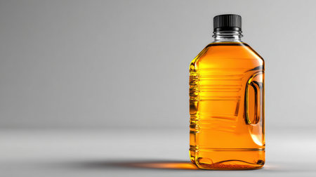 Clean engine oil bottle stands isolated on a light gray surface, perfect for highlighting product features and details in a display setting.の素材