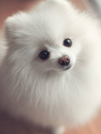 A fluffy Pomeranian dog sits close, surrounded by soft bokeh light, creating a warm and pastel atmosphere.の素材