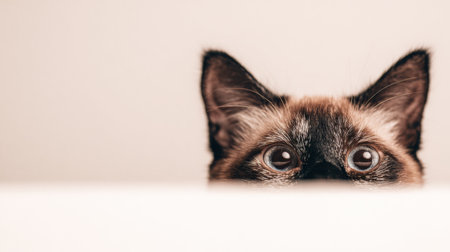 A curious Siamese kitten peeks over a white surface, showing its striking blue eyes and unique markings against a simple backdrop.の素材