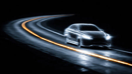 A transparent car glides along a glowing highway curve, showcasing motion design against a dark backdrop.の素材
