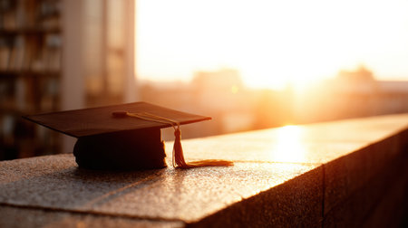 A graduation cap sits on a stone wall, illuminated by warm sunlight during sunset, representing success and inspiration for future graduates.の素材