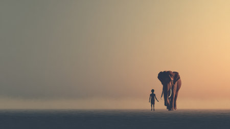 A young child walks alongside a gentle elephant, showing their unique friendship in soft natural light during sunset.の素材