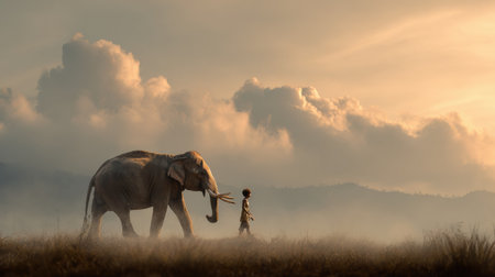 An elephant and a child stroll side by side through misty grasslands, embodying the theme of friendship and mutual respect at sunset.の素材