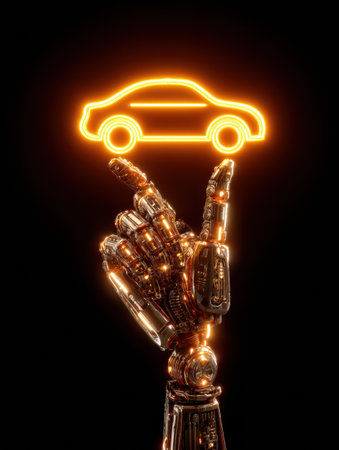 A robotic hand gracefully holds a glowing car symbol, demonstrating the intersection of technology and automotive innovation in modern repair.の素材
