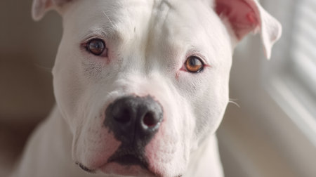 A beautiful pitbull with a gentle expression gazes calmly, illuminated by soft natural light in a serene indoor setting.の素材
