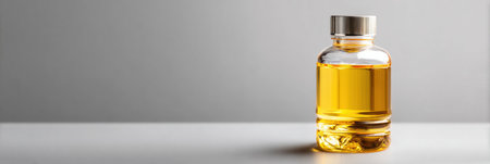 Clear bottle of engine oil filled with golden liquid rests on a smooth light gray surface, showing its simple and effective design.の素材