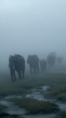 A herd of elephants moves gracefully through thick fog, creating a serene and mysterious atmosphere in the safari landscape at dawn.の素材