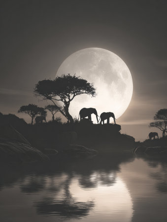 Under a bright full moon, elephants wander among the trees, their silhouettes reflected on the calm water, creating a peaceful nighttime atmosphere.の素材