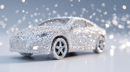 An intricate ice crystal structure takes the form of a car, showing winter service concepts and icy aesthetics in a creative design setting.の素材