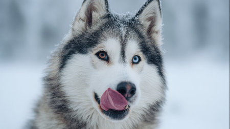 A husky enjoys the winter weather with its tongue out, surrounded by soft white snow, showing a joyful and playful attitude.の素材