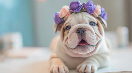 A playful puppy wears a flower crown, smiling brightly with a soft glow in a cozy indoor environment, bringing joy to everyone around.の素材