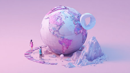 Couple explores a holographic globe, planning their next vacation with the help of an AI travel guide in a futuristic setting.の素材