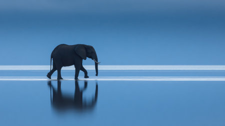 A majestic elephant silhouette strolls through calm waters, beautifully reflecting the soft morning light at sunrise.の素材