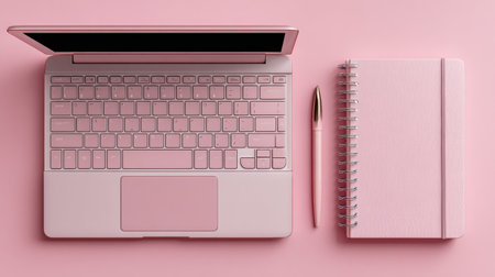 Laptop sits open next to a notebook and pen, all arranged neatly on a pink surface ideal for studying or working.の素材
