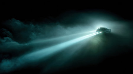 A light beam pierces the fog, highlighting a car as it navigates through challenging low visibility conditions, focusing on safety.の素材