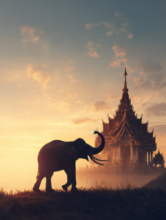 An elephant stands silhouetted against a beautiful sunrise, showcasing a traditional Thai temple in the background with a warm sky.の素材