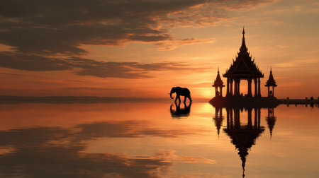 A beautiful elephant silhouette strolls near a traditional Thai temple as the sun rises, casting a warm glow across the sky.の素材