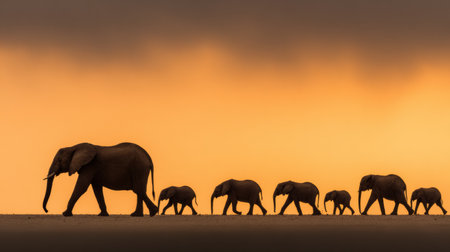 Majestic mother elephant guides her herd across the horizon at sunset, creating a powerful scene of unity and emotion in nature.の素材