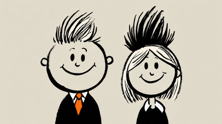 Two cheerful cartoon characters, a boy and a girl, smile brightly together, showcasing their playful hairstyles and friendship in a joyful atmosphere.の素材
