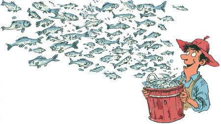 A happy fisherman wearing a red hat holds a bucket filled with fresh fish, surrounded by a lively atmosphere of flying fish.の素材