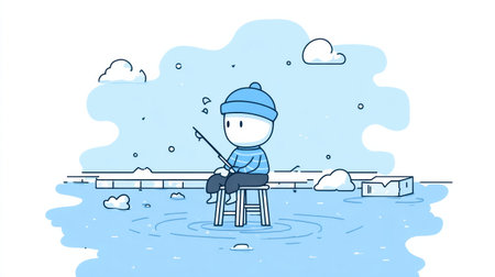 A cute fisherman character sits on a small stool by an ice hole, fishing in a calm snowy landscape with a light blue color scheme.の素材