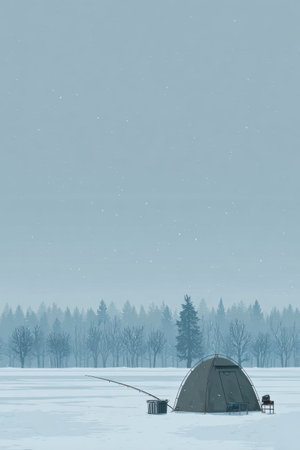 A fishing tent stands on a frozen lake with snow-covered trees in the background, creating a serene winter scene.の素材