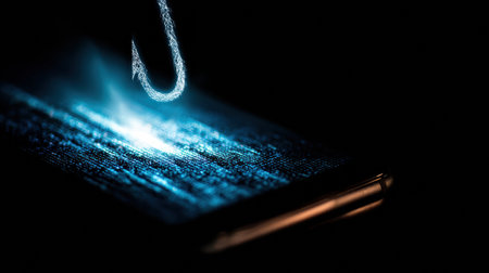A digital representation of online fraud shows a hook emerging from a smartphone screen against a dark background, highlighting a cyber threat.の素材