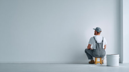 A person sits on a stool and paints a blank white wall, creating a clean and modern look while renovating the space.の素材