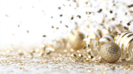Confetti and golden ornaments create a joyful scene for the new year 2026, symbolizing celebration and prosperity on a white background.の素材