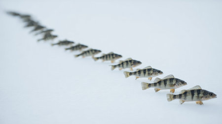 Small perch are arranged in a straight line on the snow, creating a visually striking pattern against the white background.の素材