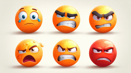 Six emoticons showcase various emotions on a white background, including sadness, anger, confusion, and embarrassment, capturing a range of feelings.の素材