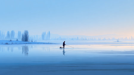 A solitary fisherman stands on a frozen lake, engaging in ice fishing against a calm and isolated winter backdrop during twilight.の素材