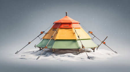 A vibrant fishing tent and auger set sit on a snowy surface, casting gentle shadows as they await winter fishing activities.の素材