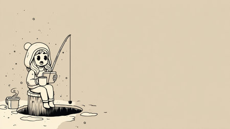 A cute fisherman character sits on a small stool by an ice hole, focused on fishing. It is a quiet winter scene with a simple art style.の素材